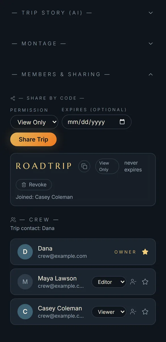The trip crew screen